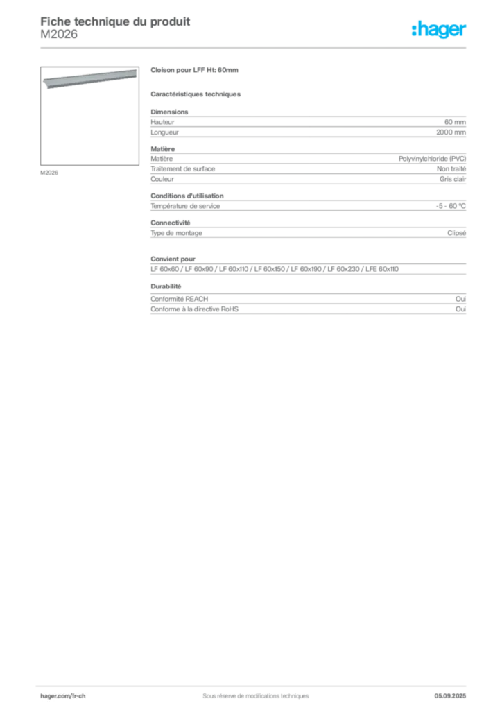 Image Hager Fiche technique du produit M2026 | Hager Suisse