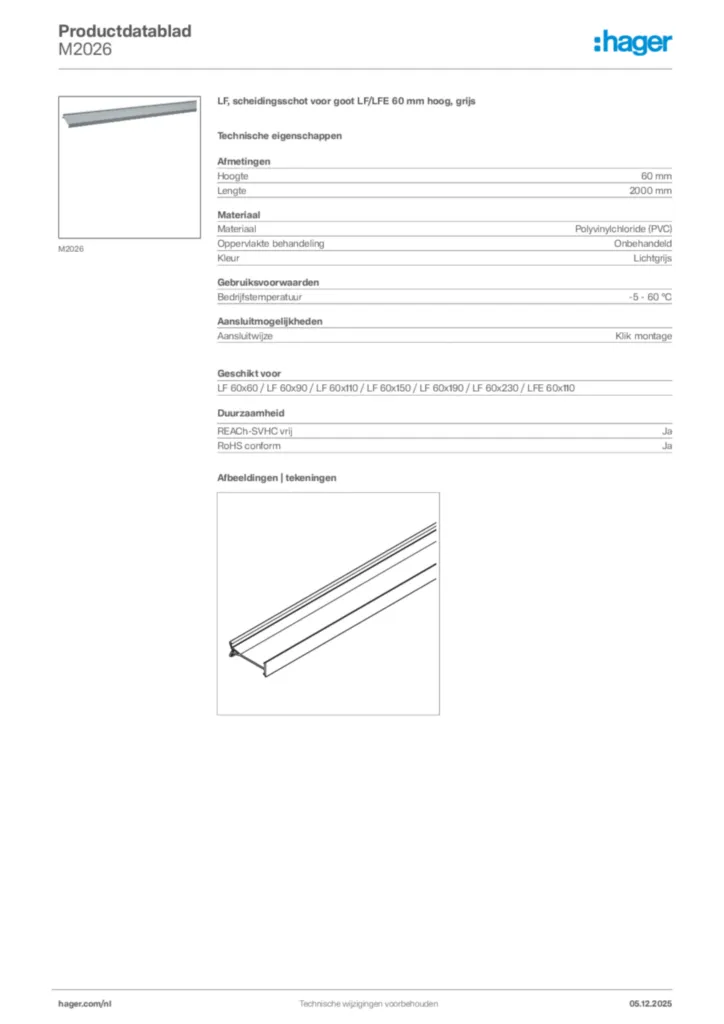 Afbeelding Hager Productdatablad M2026 | Hager Nederland