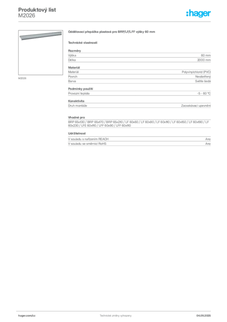 Obrázek Hager Produktový list M2026 | Hager