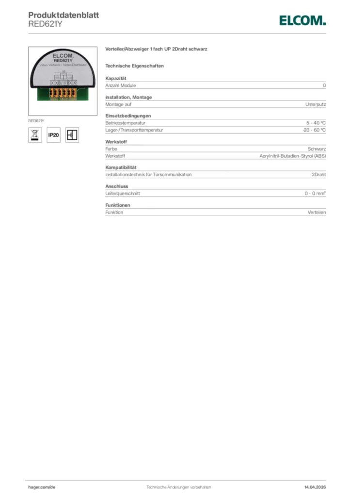 Bild Elcom Produktdatenblatt RED621Y | Hager Deutschland
