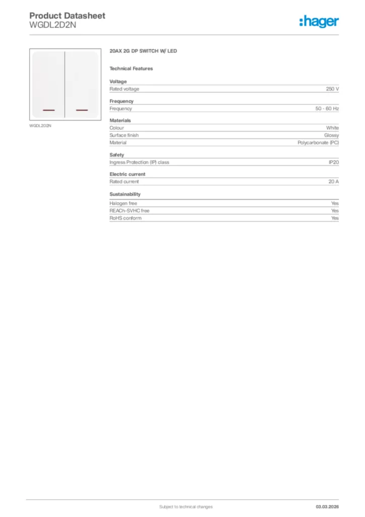 Image Hager Product data sheet WGDL2D2N  | Hager Africa