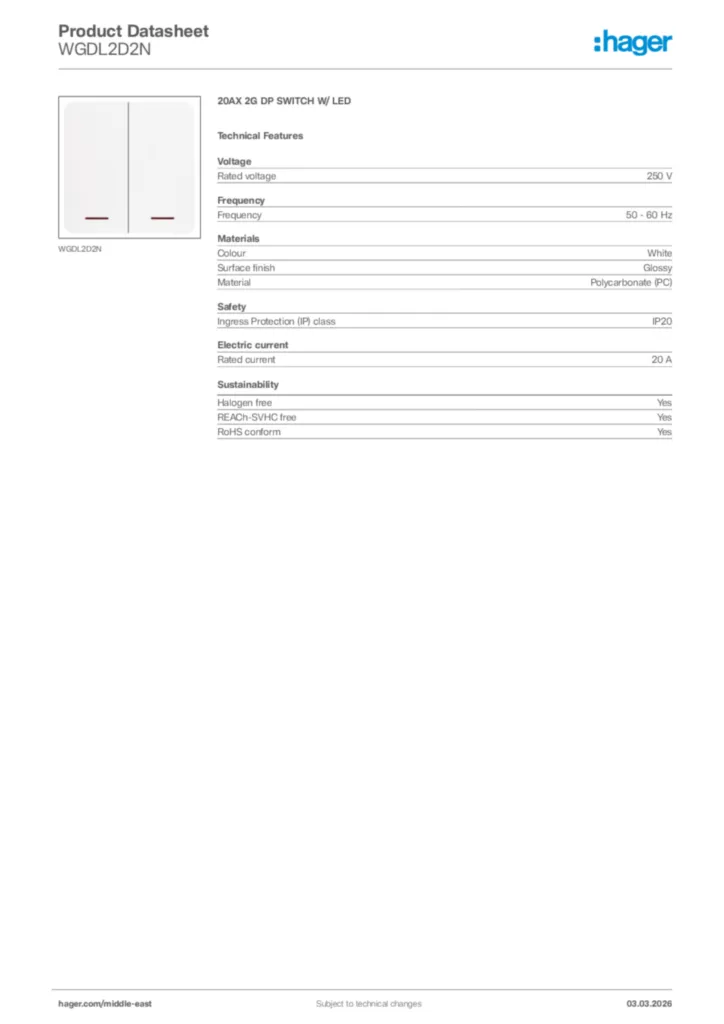 Image Hager Product data sheet WGDL2D2N  | Hager