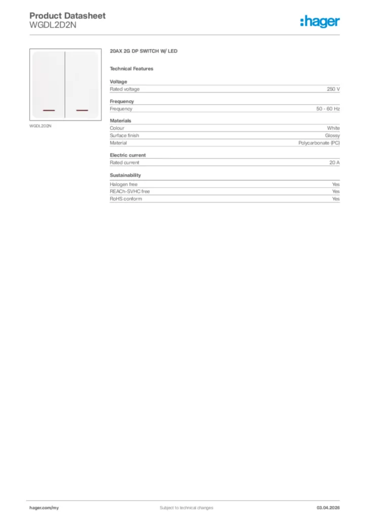 Image Hager Product data sheet WGDL2D2N  | Hager
