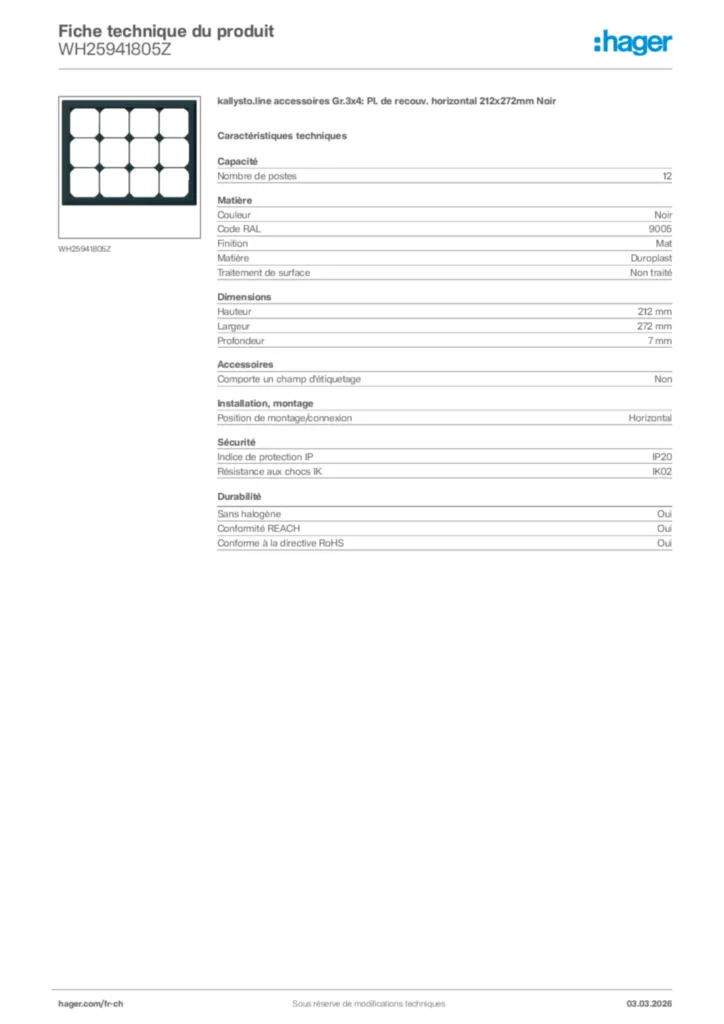 Image Hager Fiche technique du produit WH25941805Z | Hager Suisse