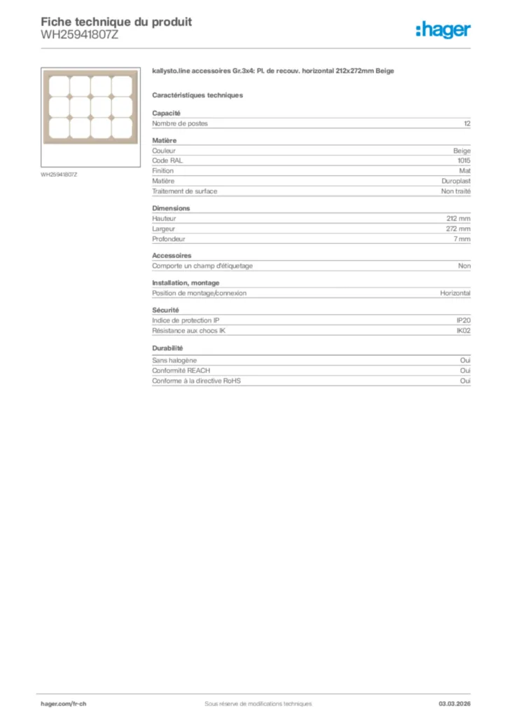 Image Hager Fiche technique du produit WH25941807Z | Hager Suisse