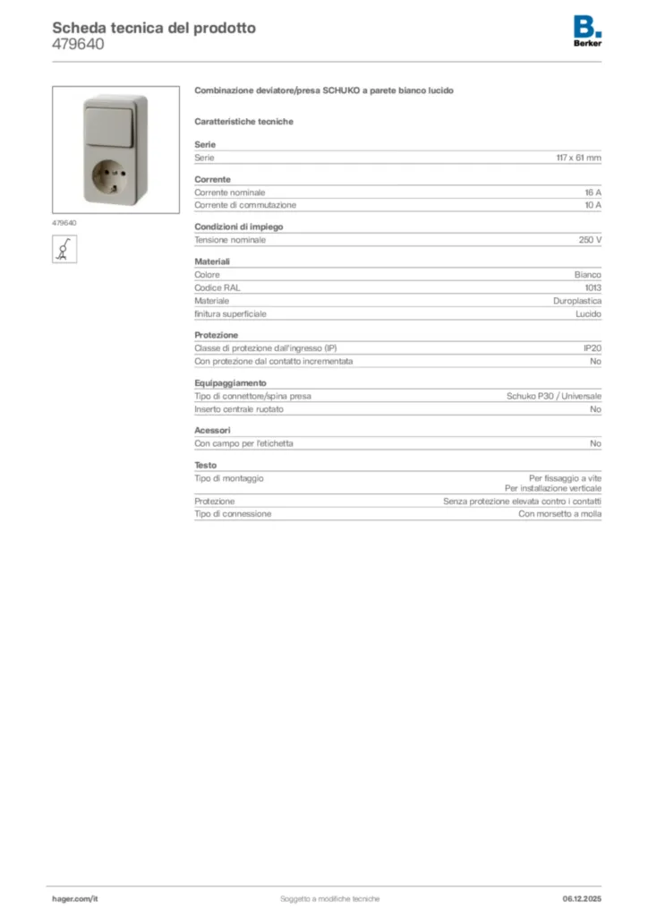 Immagine Berker Scheda tecnica del prodotto 479640 | Hager Italia