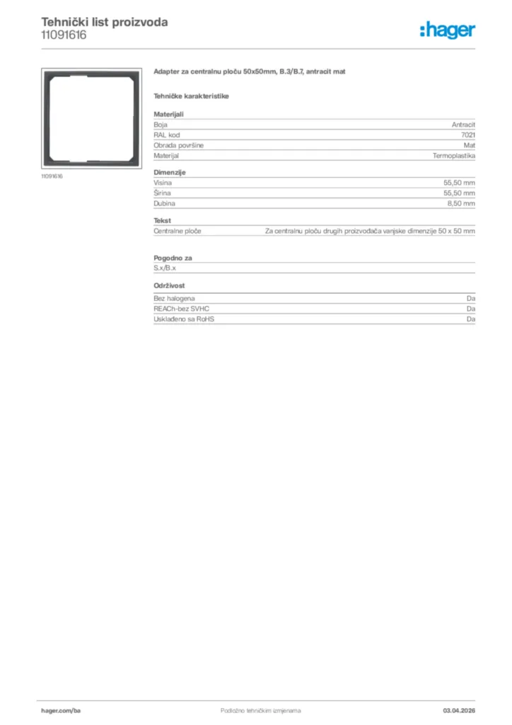 Slika Hager Tehnički list proizvoda 11091616  | Hager