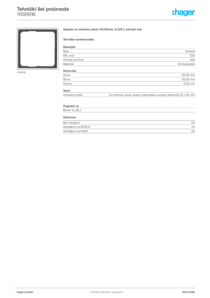Slika Hager Product data sheet 11091616  | Hager