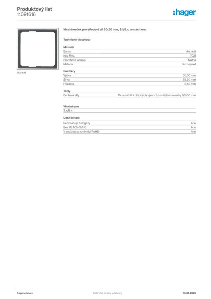 Obrázek Hager Product data sheet 11091616 | Hager