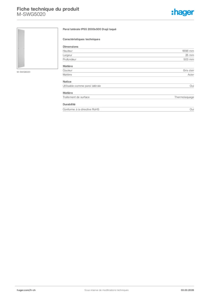 Image Hager Fiche technique du produit M-SWG5020 | Hager Suisse