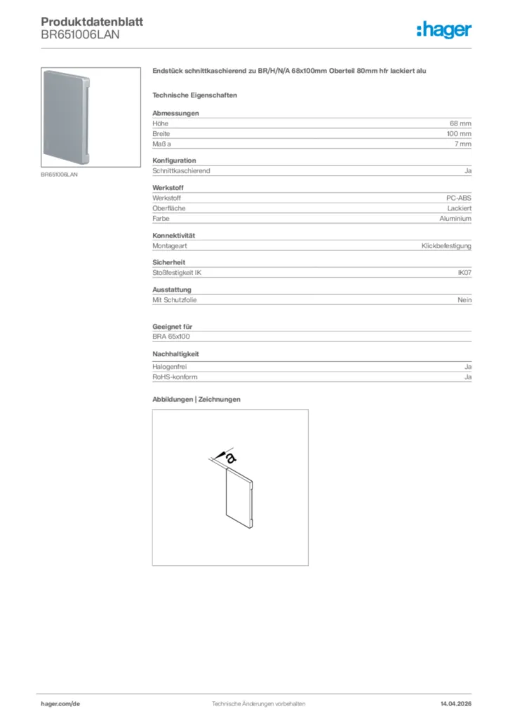 Bild Hager Produktdatenblatt BR651006LAN | Hager Deutschland