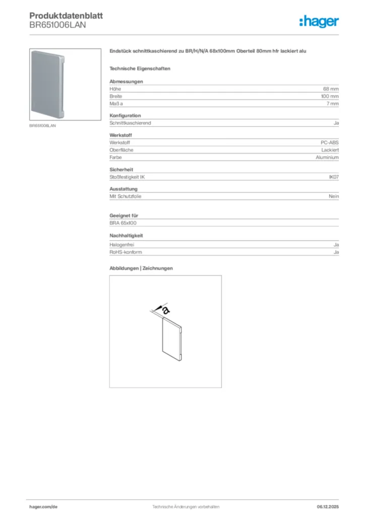 Bild Hager Produktdatenblatt BR651006LAN | Hager Deutschland