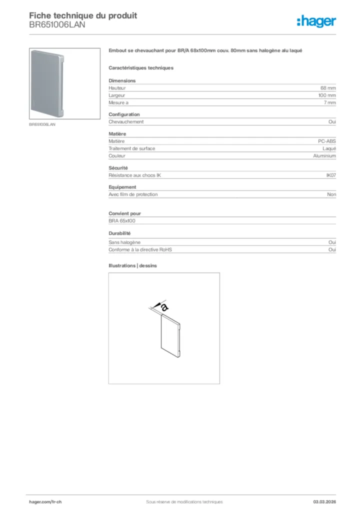 Image Hager Fiche technique du produit BR651006LAN | Hager Suisse