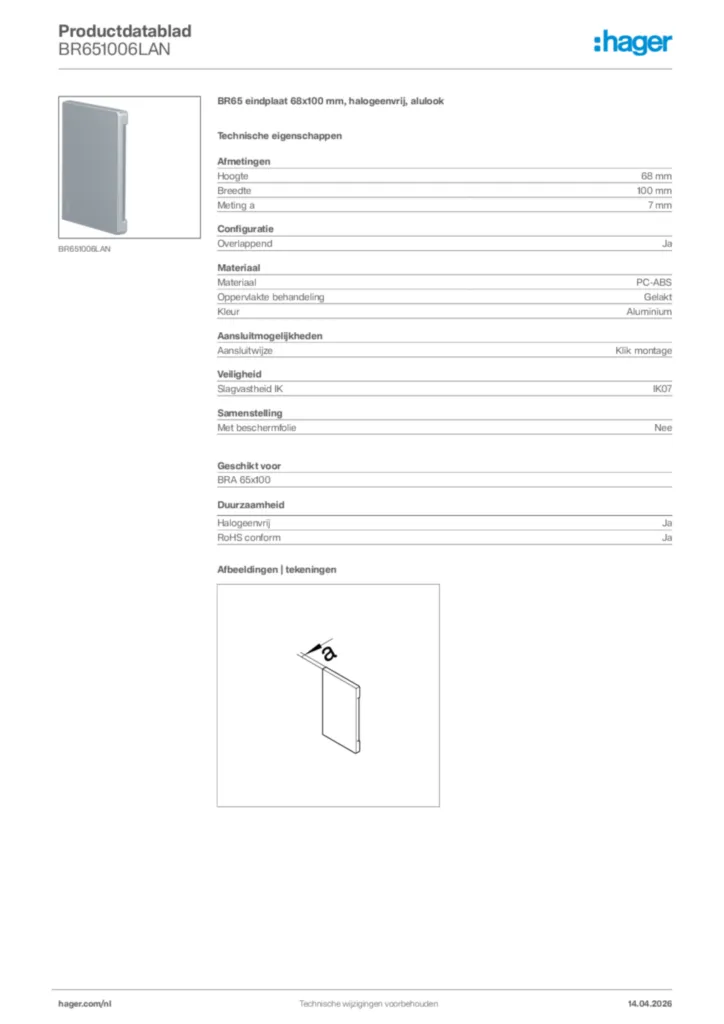 Afbeelding Hager Productdatablad BR651006LAN | Hager Nederland