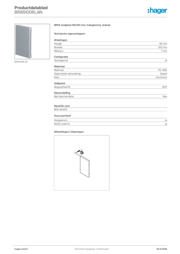 Afbeelding Hager Productdatablad BR651006LAN | Hager Nederland