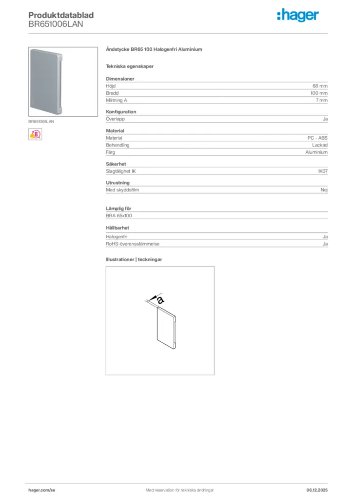 Bild Hager Produktdatablad BR651006LAN | Hager Sverige