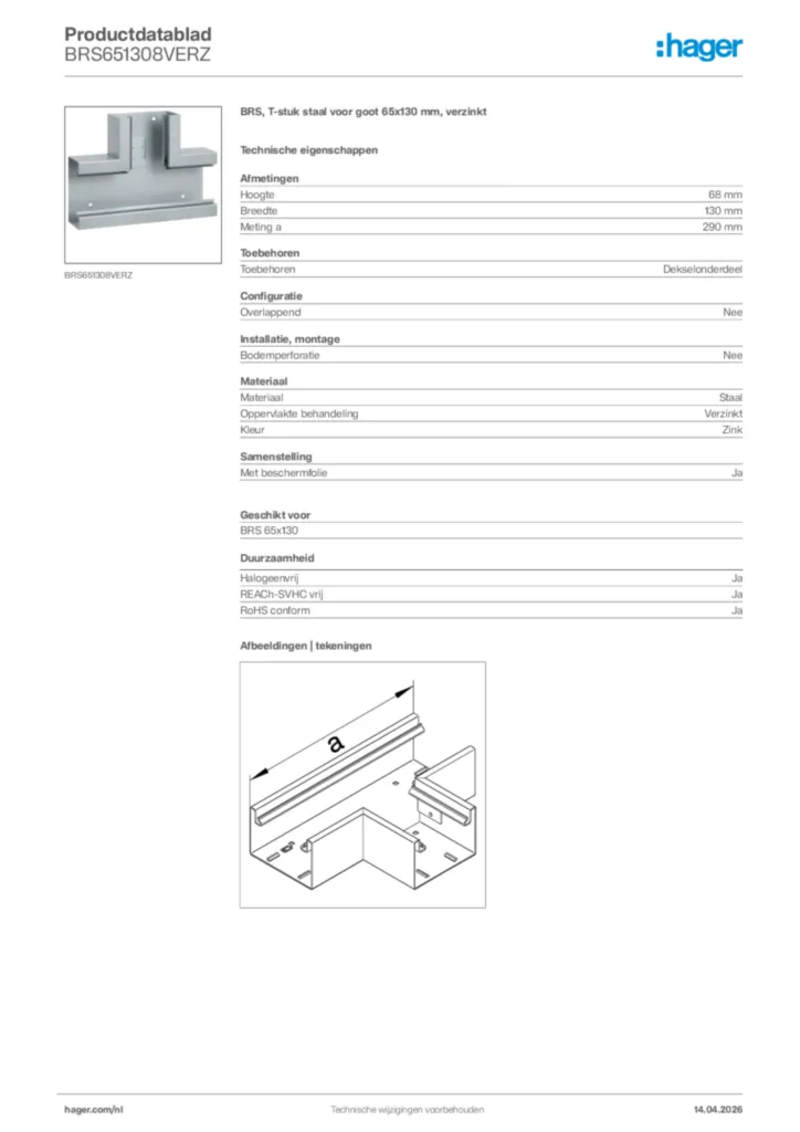 Afbeelding Hager Productdatablad BRS651308VERZ | Hager Nederland