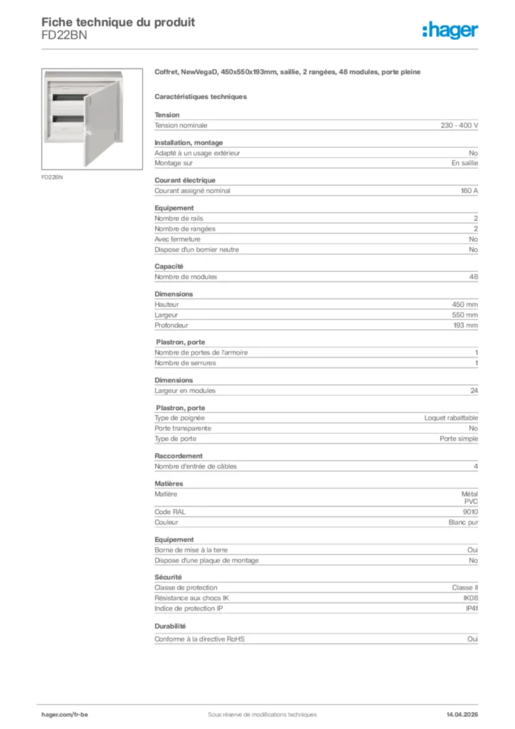 Image Hager Fiche technique du produit FD22BN | Hager Belgique