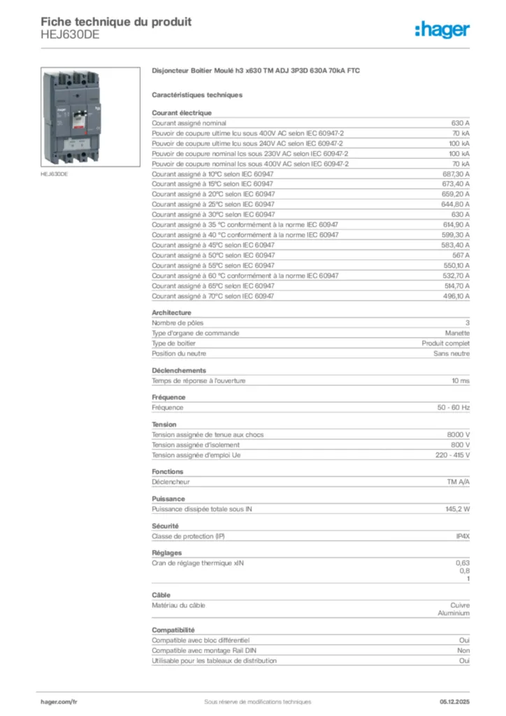 Image Hager Fiche technique du produit HEJ630DE | Hager France