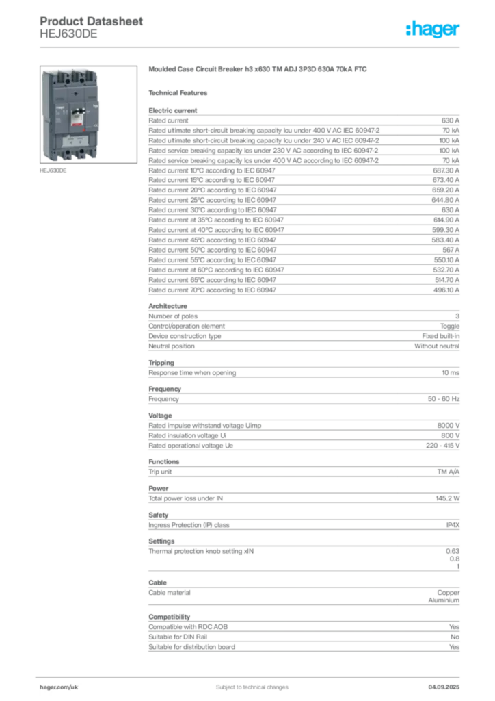 Image Hager Product data sheet HEJ630DE  | Hager