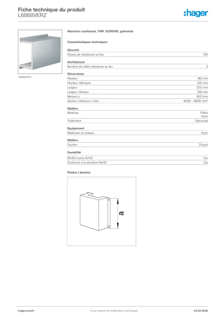 Image Hager Fiche technique du produit L6868VERZ | Hager France