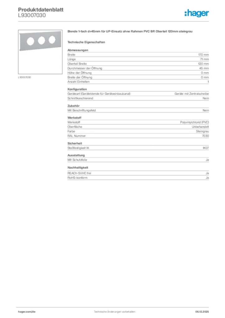 Bild Hager Produktdatenblatt L93007030 | Hager Deutschland