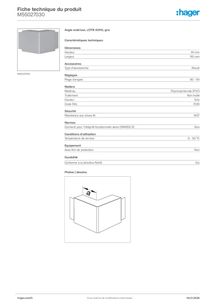 Image Hager Fiche technique du produit M55027030 | Hager France