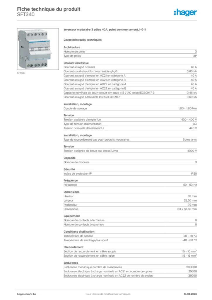 Image Hager Fiche technique du produit SFT340 | Hager Belgique
