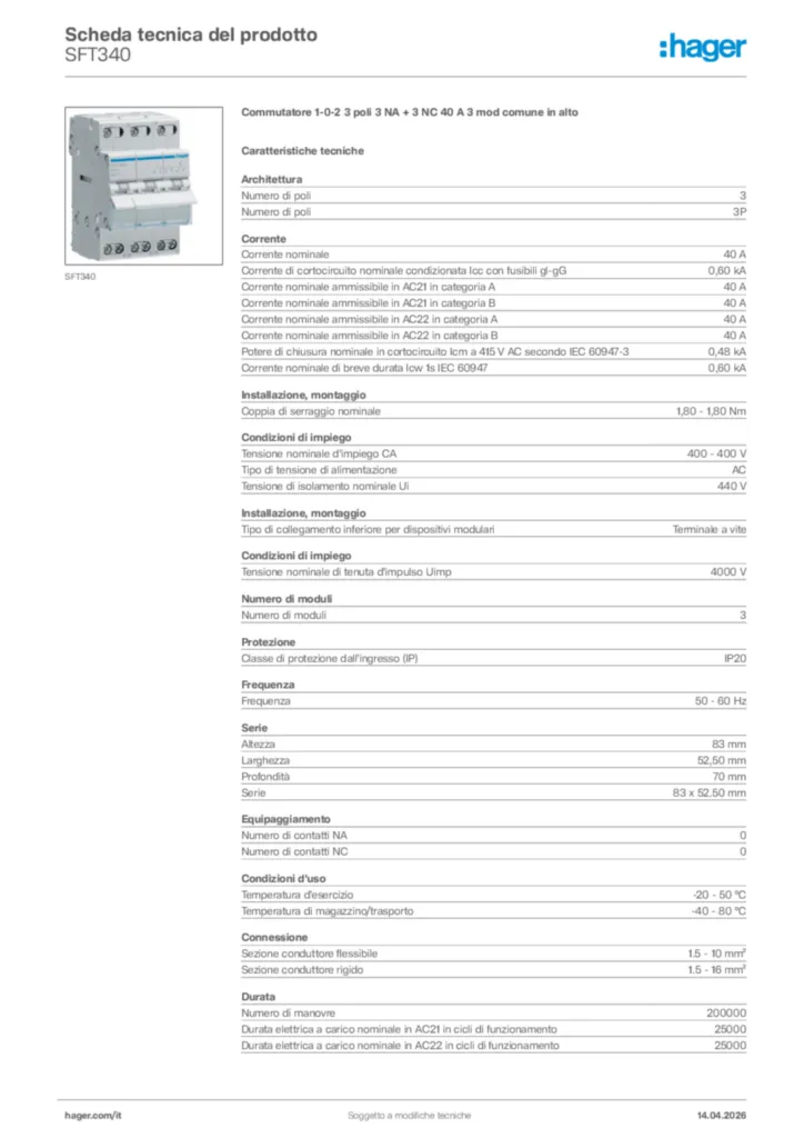 Immagine Hager Scheda tecnica del prodotto SFT340 | Hager Italia