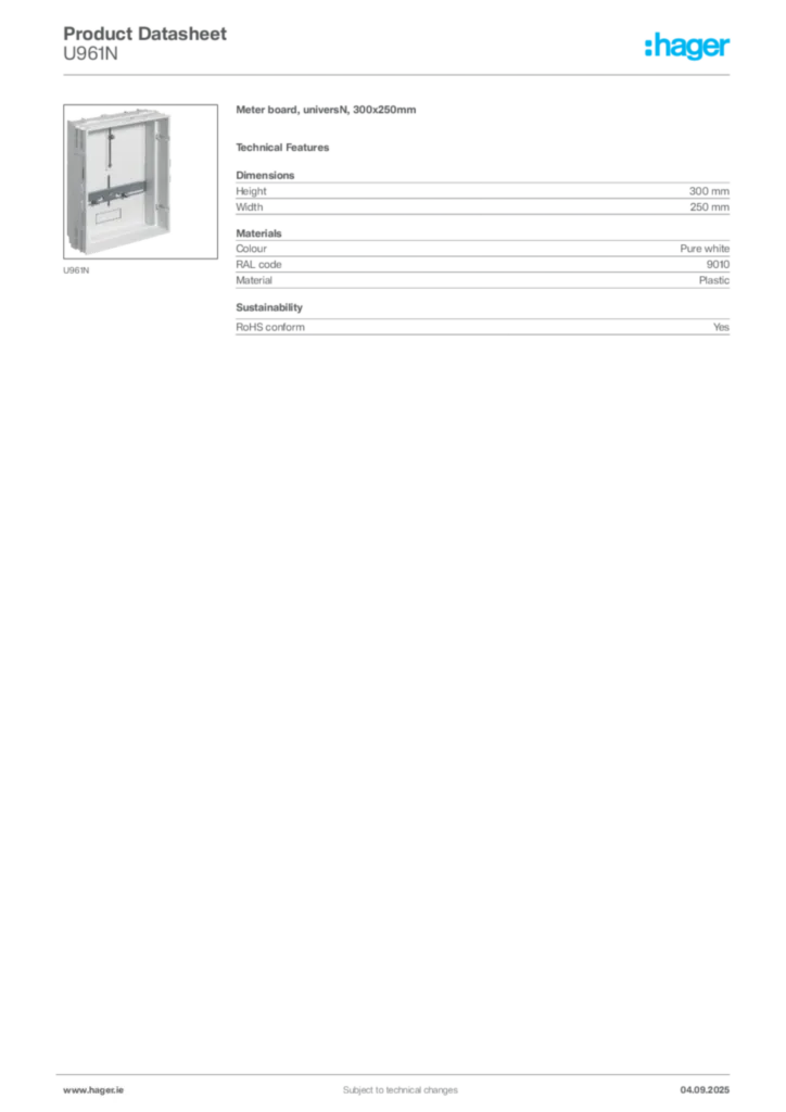 Image Hager Product data sheet U961N  | Hager