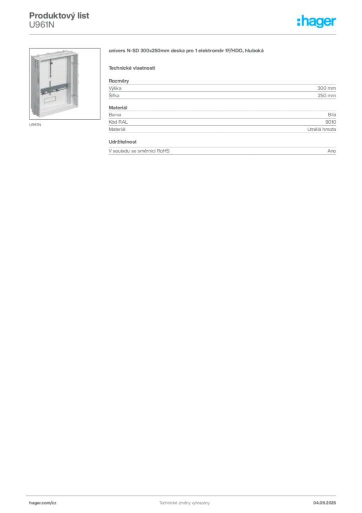 Obrázek Hager Produktový list U961N | Hager