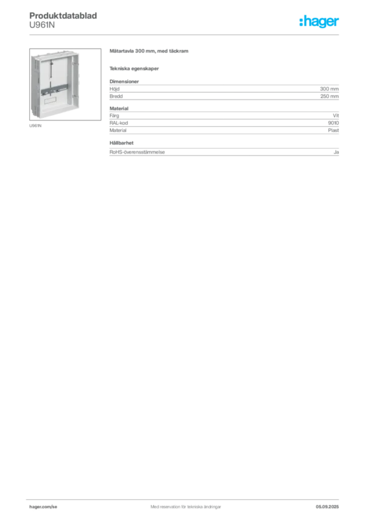 Bild Hager Produktdatablad U961N | Hager Sverige