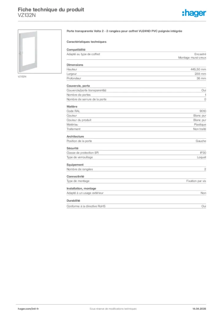 Image Hager Fiche technique du produit VZ132N | Hager Afrique