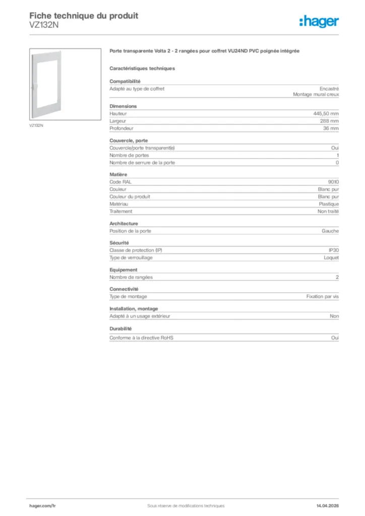 Image Hager Fiche technique du produit VZ132N | Hager France