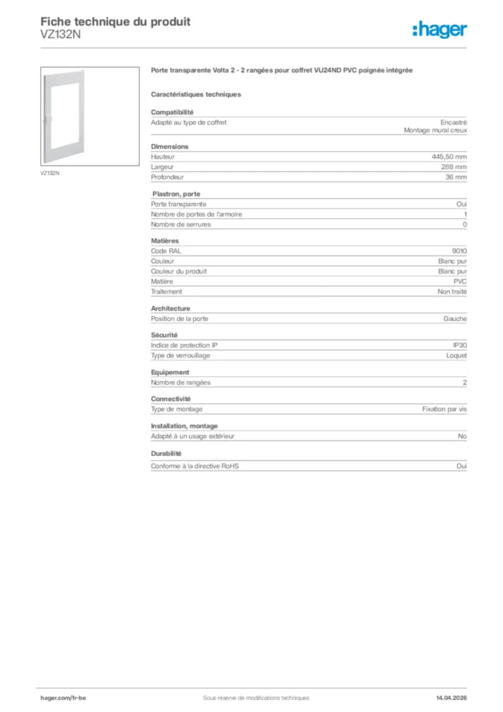 Image Hager Fiche technique du produit VZ132N | Hager Belgique