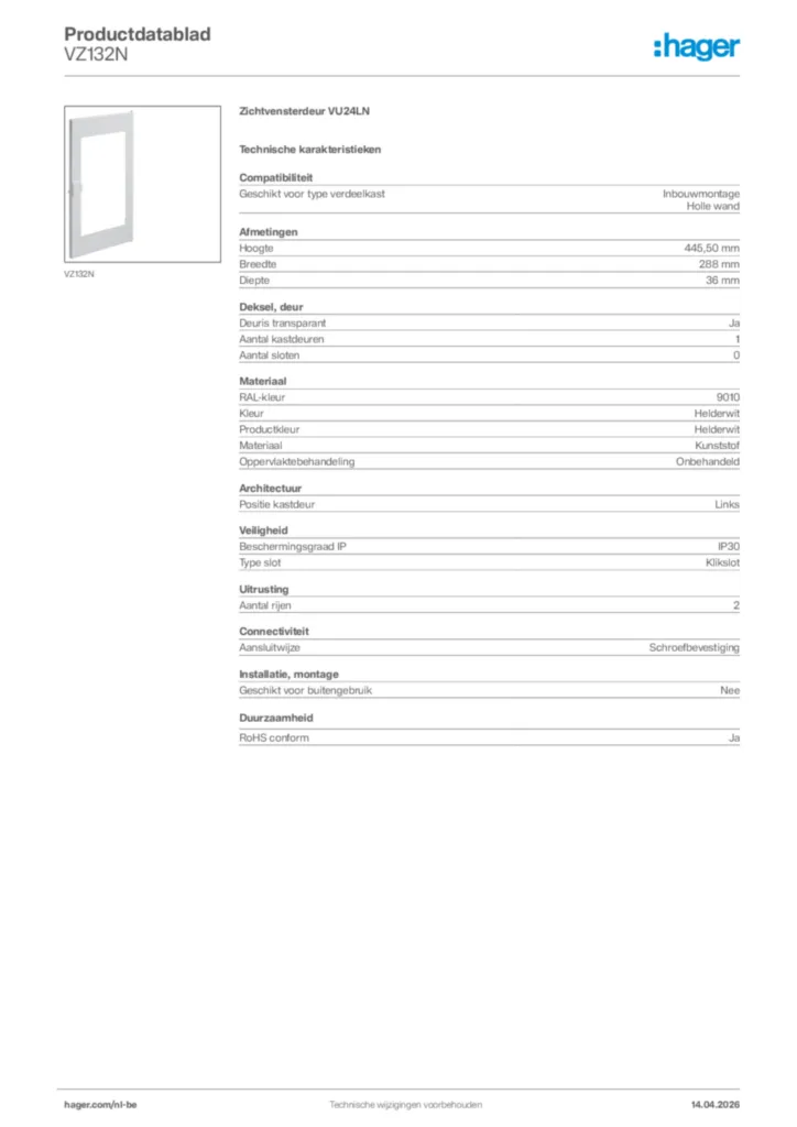 Afbeelding Hager Productdatablad VZ132N | Hager Belgium