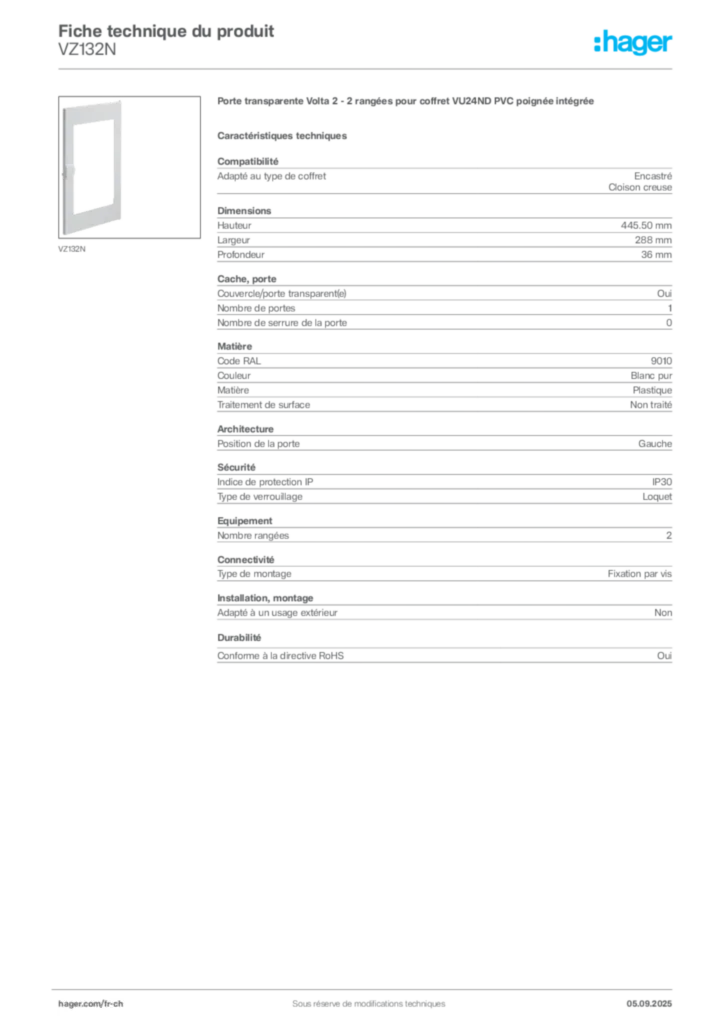 Image Hager Fiche technique du produit VZ132N | Hager Suisse