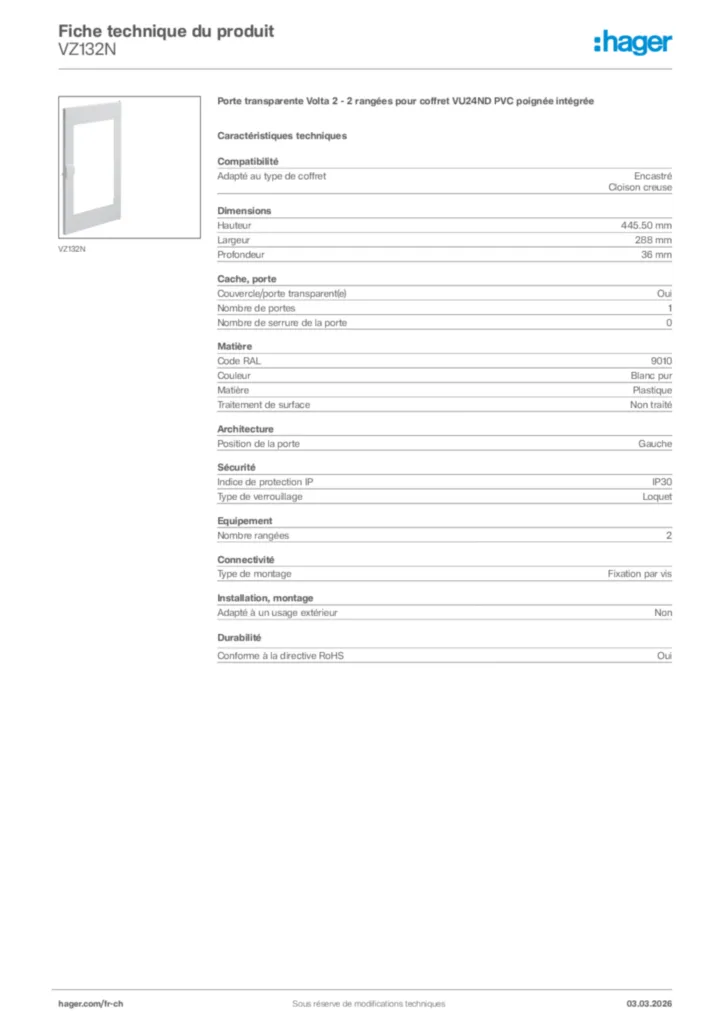 Image Hager Fiche technique du produit VZ132N | Hager Suisse