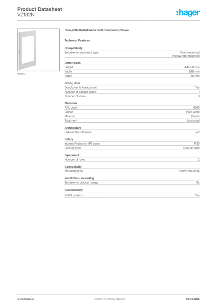 Image Hager Product data sheet VZ132N  | Hager