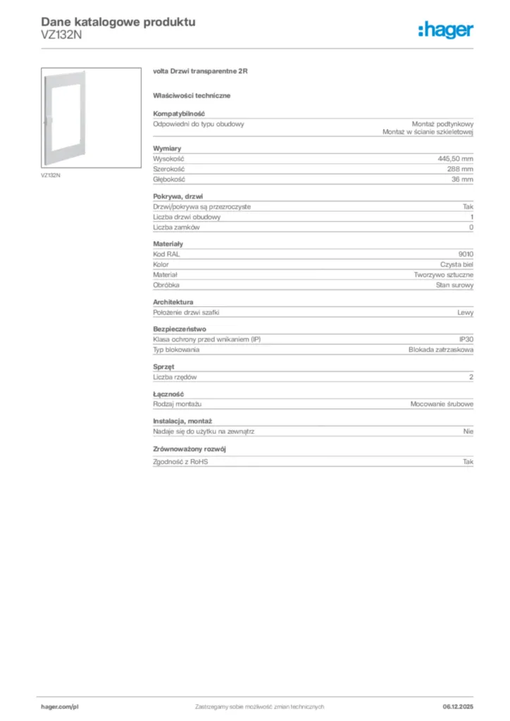 Zdjęcie Hager Karta katalogowa VZ132N | Hager Polska