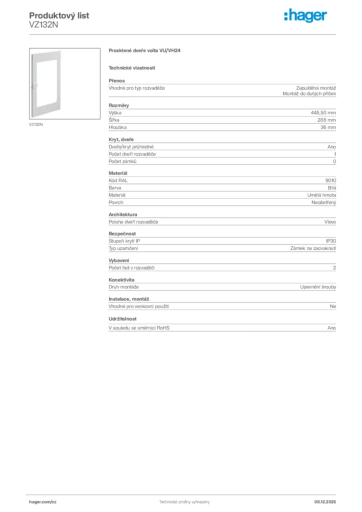 Obrázek Hager Product data sheet VZ132N | Hager