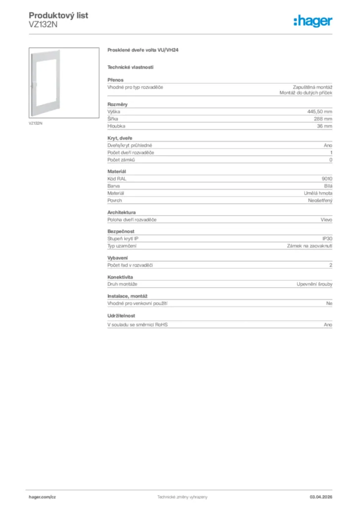 Obrázek Hager Product data sheet VZ132N | Hager
