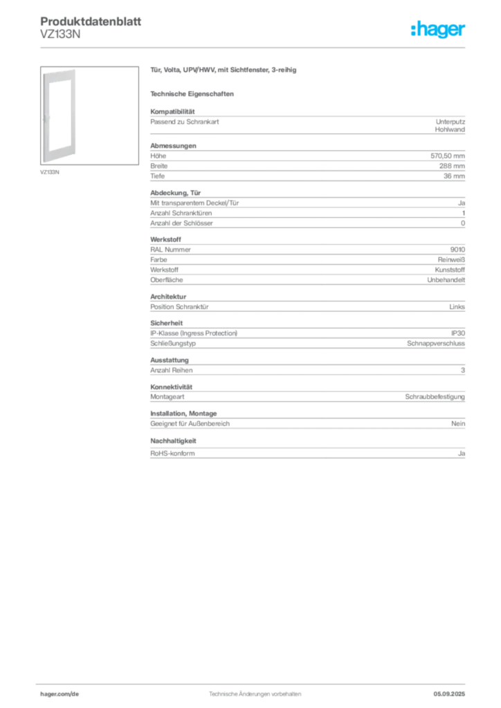 Bild Hager Produktdatenblatt VZ133N | Hager Deutschland