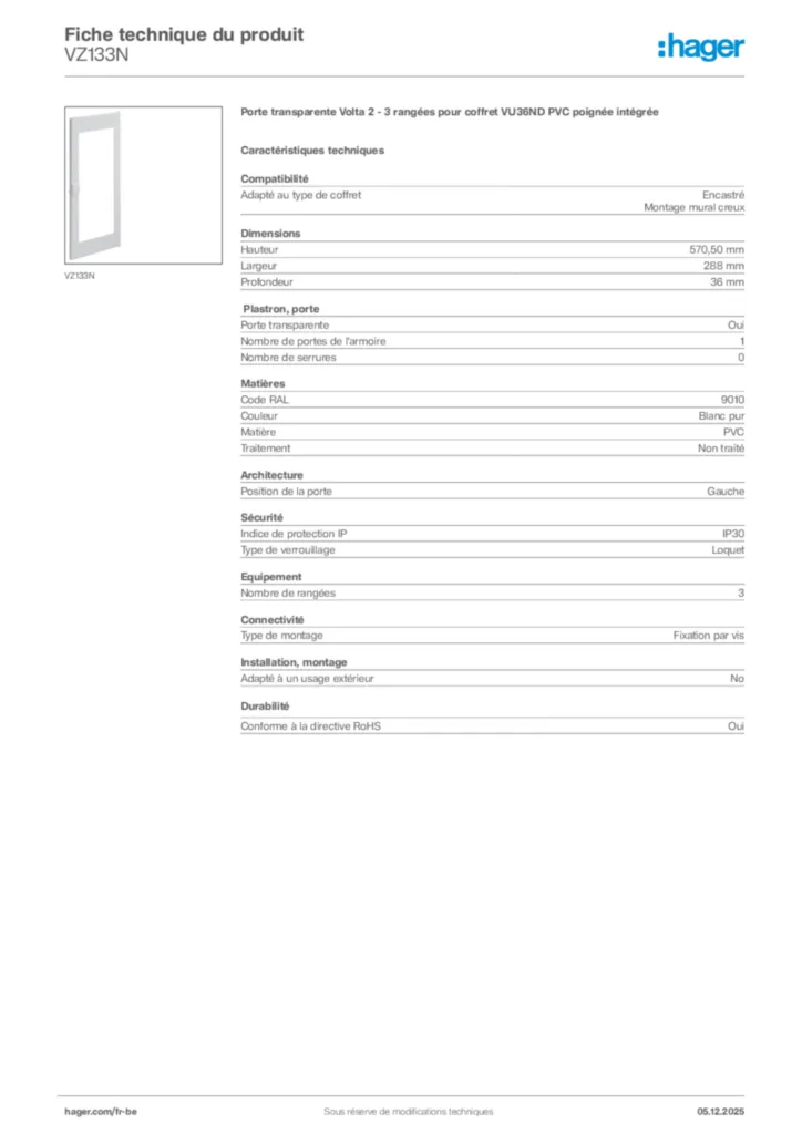 Image Hager Fiche technique du produit VZ133N | Hager Belgique