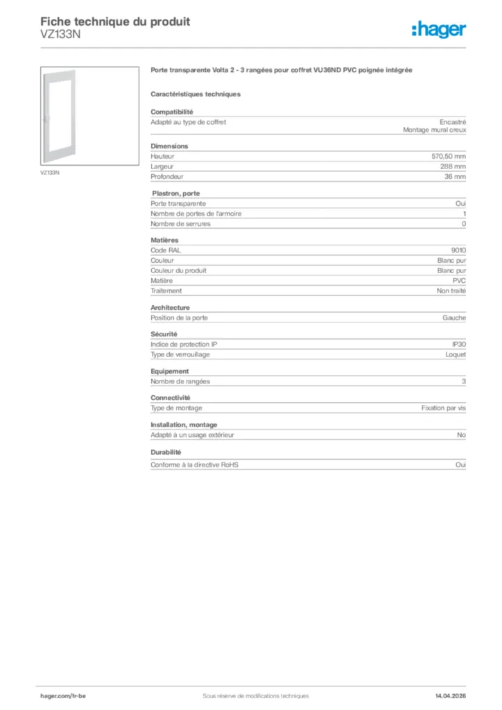 Image Hager Fiche technique du produit VZ133N | Hager Belgique
