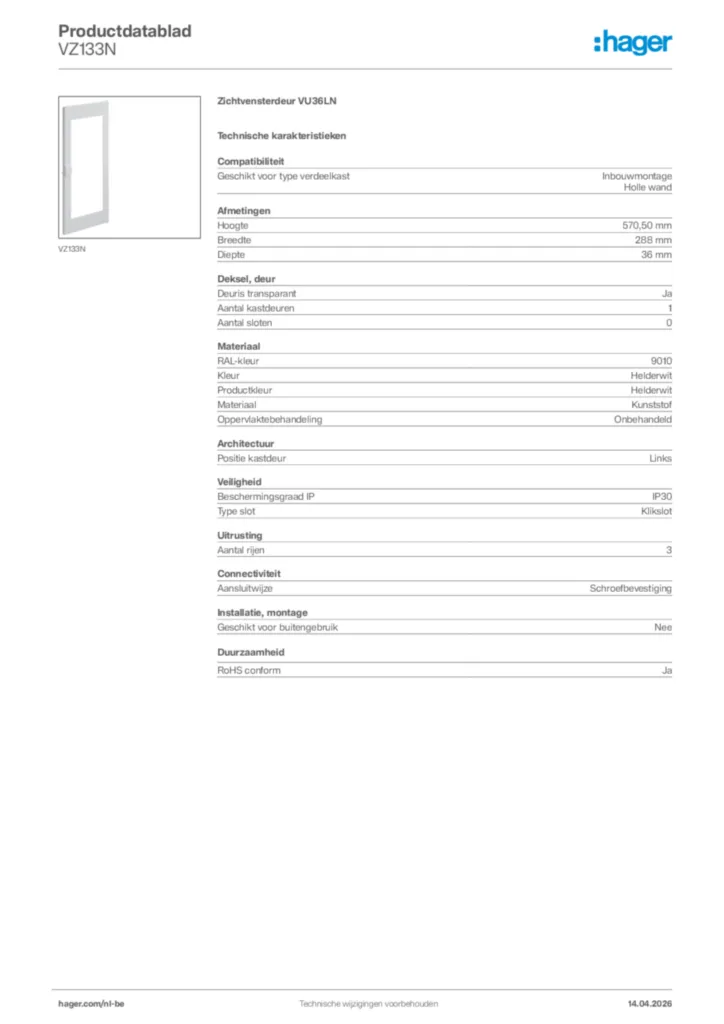 Afbeelding Hager Productdatablad VZ133N | Hager Belgium