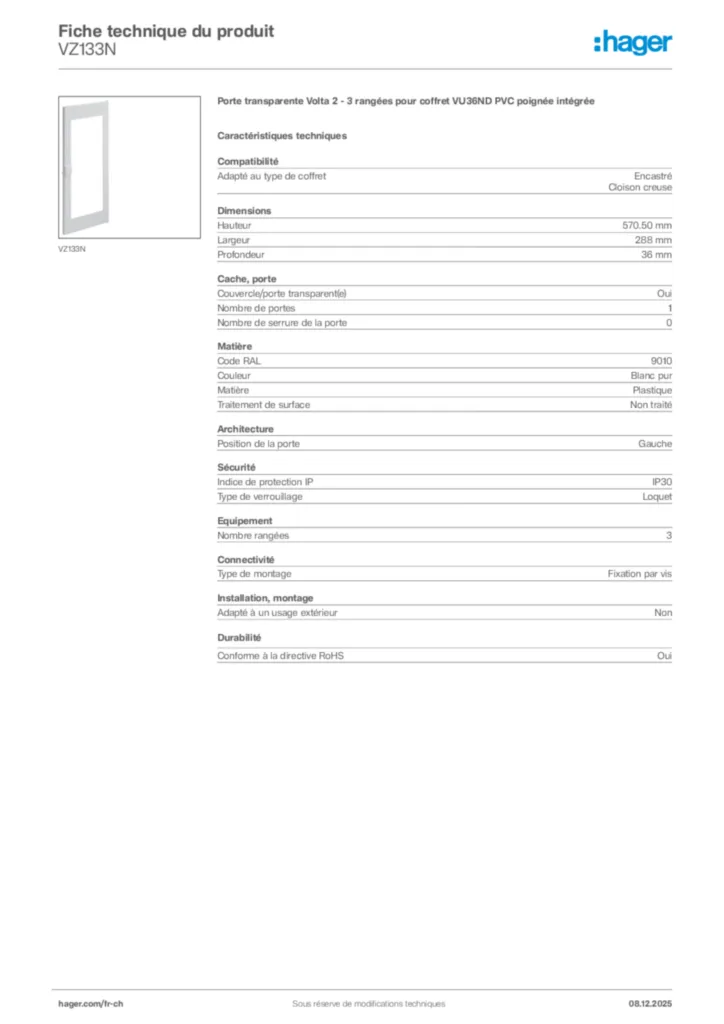 Image Hager Fiche technique du produit VZ133N | Hager Suisse