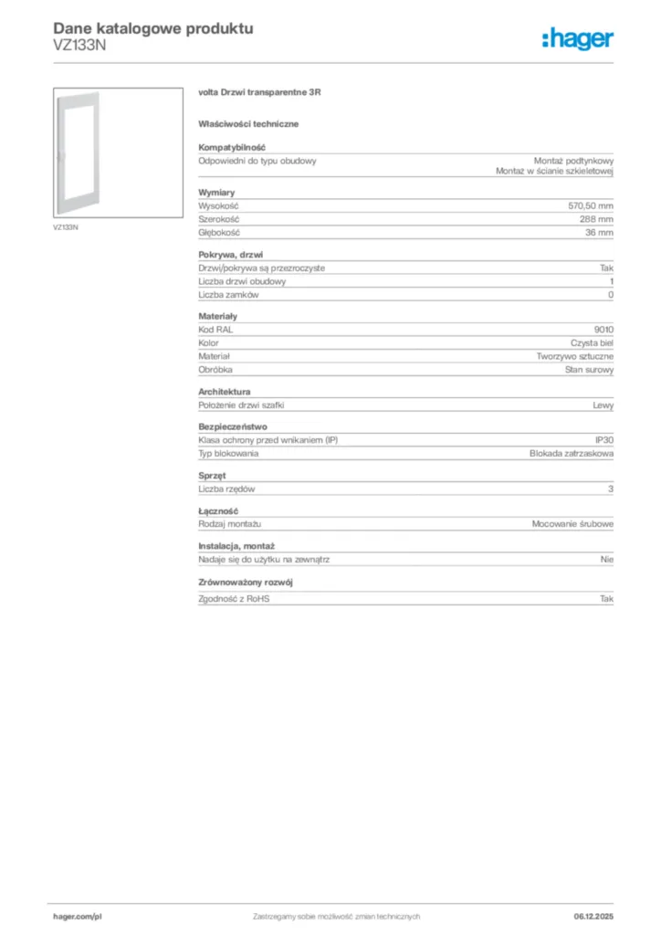Zdjęcie Hager Karta katalogowa VZ133N | Hager Polska