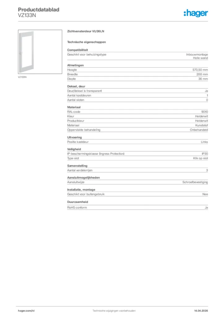Afbeelding Hager Productdatablad VZ133N | Hager Nederland