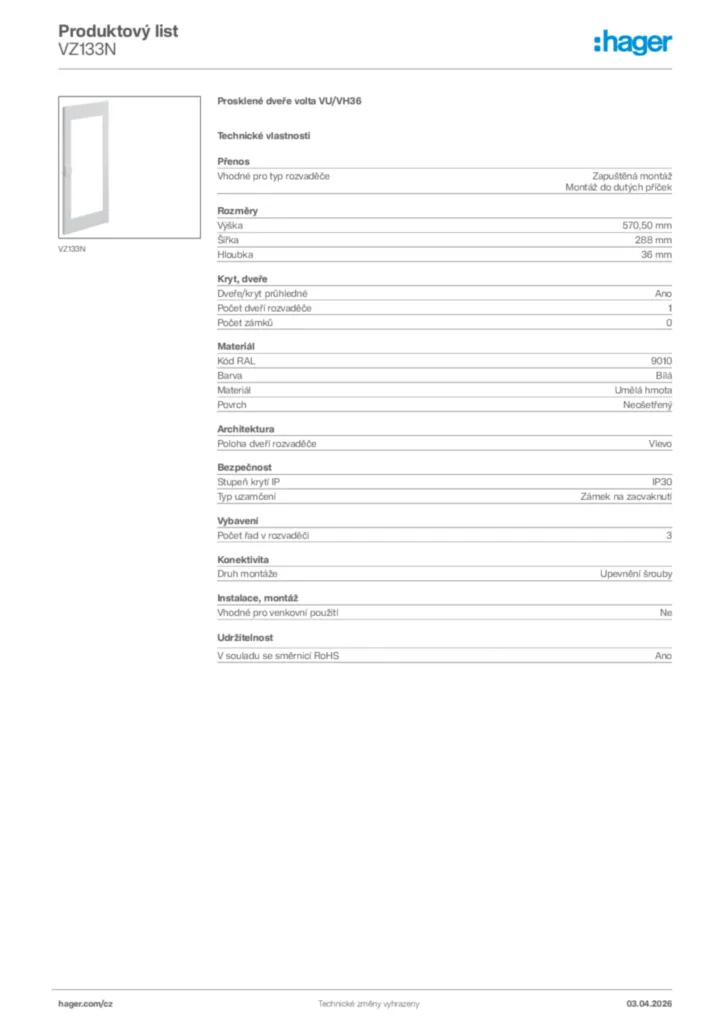 Obrázek Hager Product data sheet VZ133N | Hager